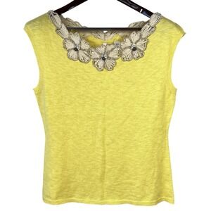 MOTH Linen Blend Knit Top Womens XL Yellow Beaded Embroidered Floral Sleeveless